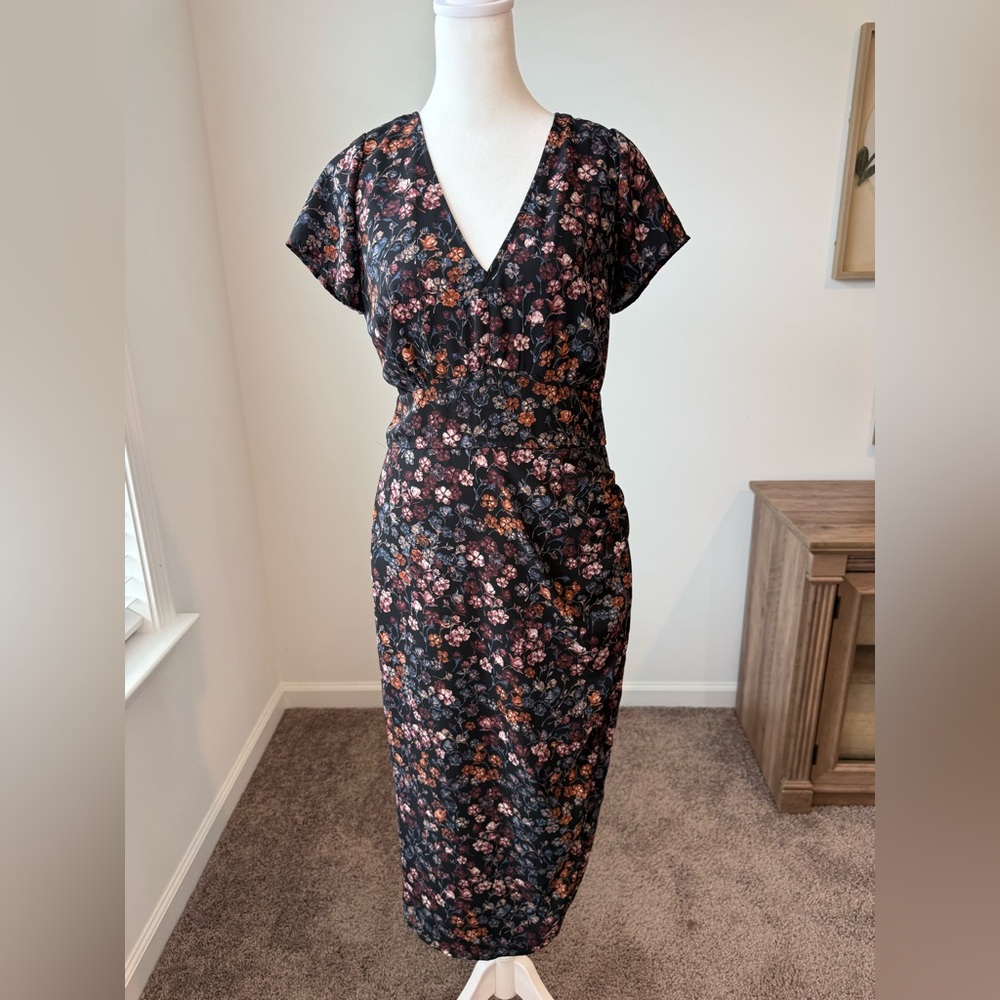 Abercrombie Floral Midi Dress Black V Neck Short Sleeve Fitted Size M